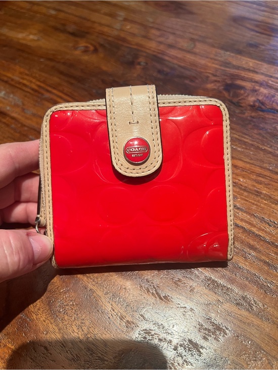 Coach Accessories - Coach Red Patent Compact Wallet with Beige Trim